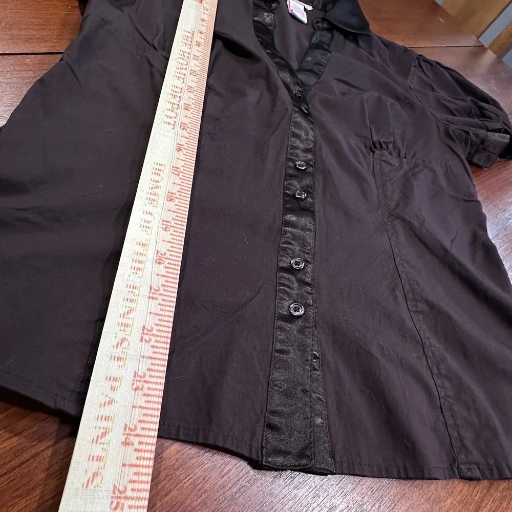 VTG Y2K Brown Fitted Babydoll Blouse‎ Satin Trim Puff Sleeve Coquette Top Sz L
